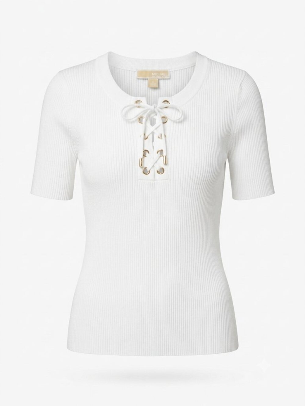 MICHAEL Michael Kors White Ribbed Lace-Up Short Sleeve Sweater Top Gold Grommet